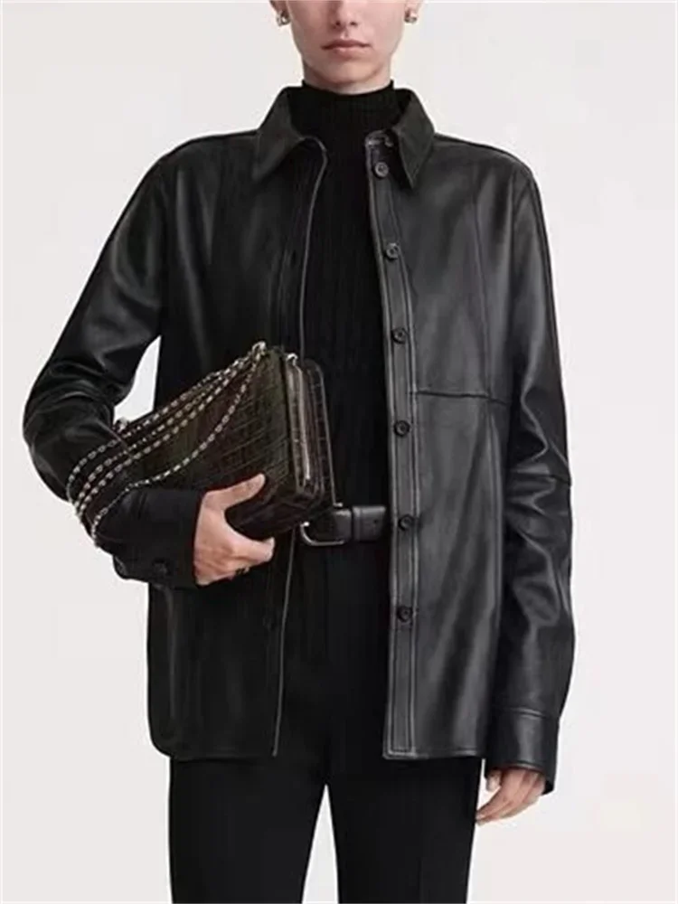 

Women's Shirt 2024 New Spring Leather Turn-Down Collar Single-Breasted Simple Commuter Long Sleeve Blouse