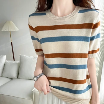 Women's T-Shirt Summer 100% Cotton Sweater Short Sleeve Striped Knitted Round Neck Ladies Tops Loose Blouse Pullover Tees 1