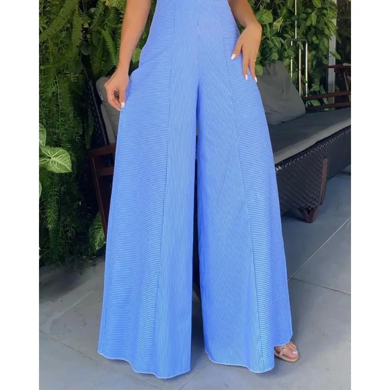 2024 New Striped Print Sleeveless Wide Leg Jumpsuit Women Loose Pants Overall Jumpsuits High Waist Spring Summer