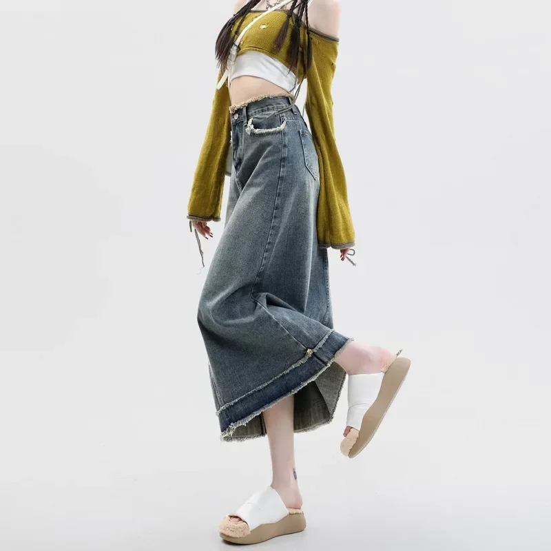 Vintage Blue Denim Skirt Women A Line Version of The Fashionable Burlap High Waist Casual Package Hip Straight Mid Length Skirt 9109 summer fashion denim maternity jeans 9 10 length straight elastic waist belly pants clothes for pregnant women pregnancy