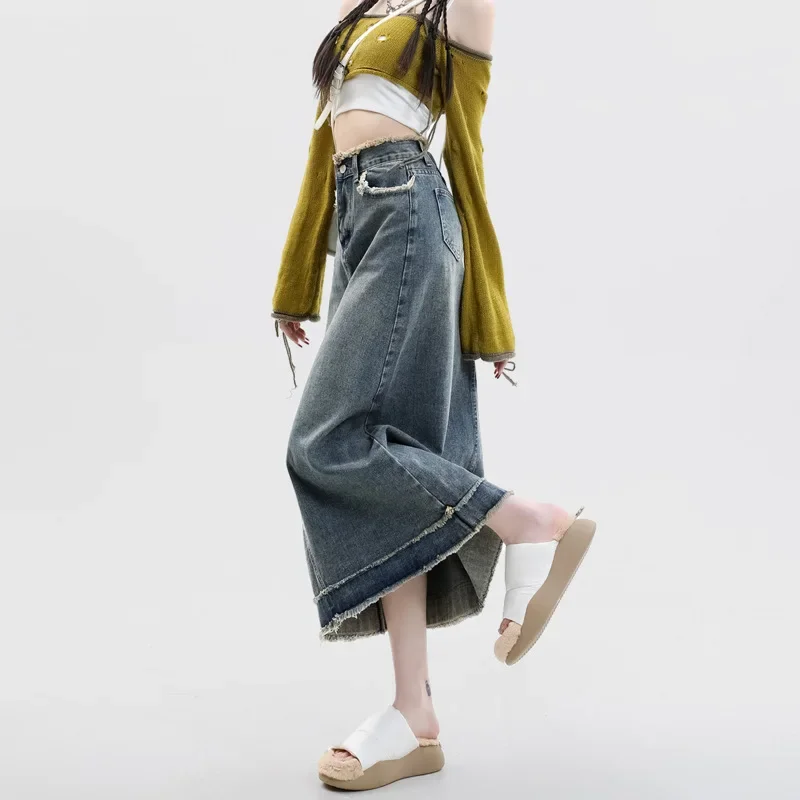 Vintage Blue Denim Skirt Women A Line Version of The Fashionable Burlap High Waist Casual Package Hip Straight Mid Length Skirt tafn beige straight jeans for women vintage casual wide leg high waist full length denim pants streetwear 2023