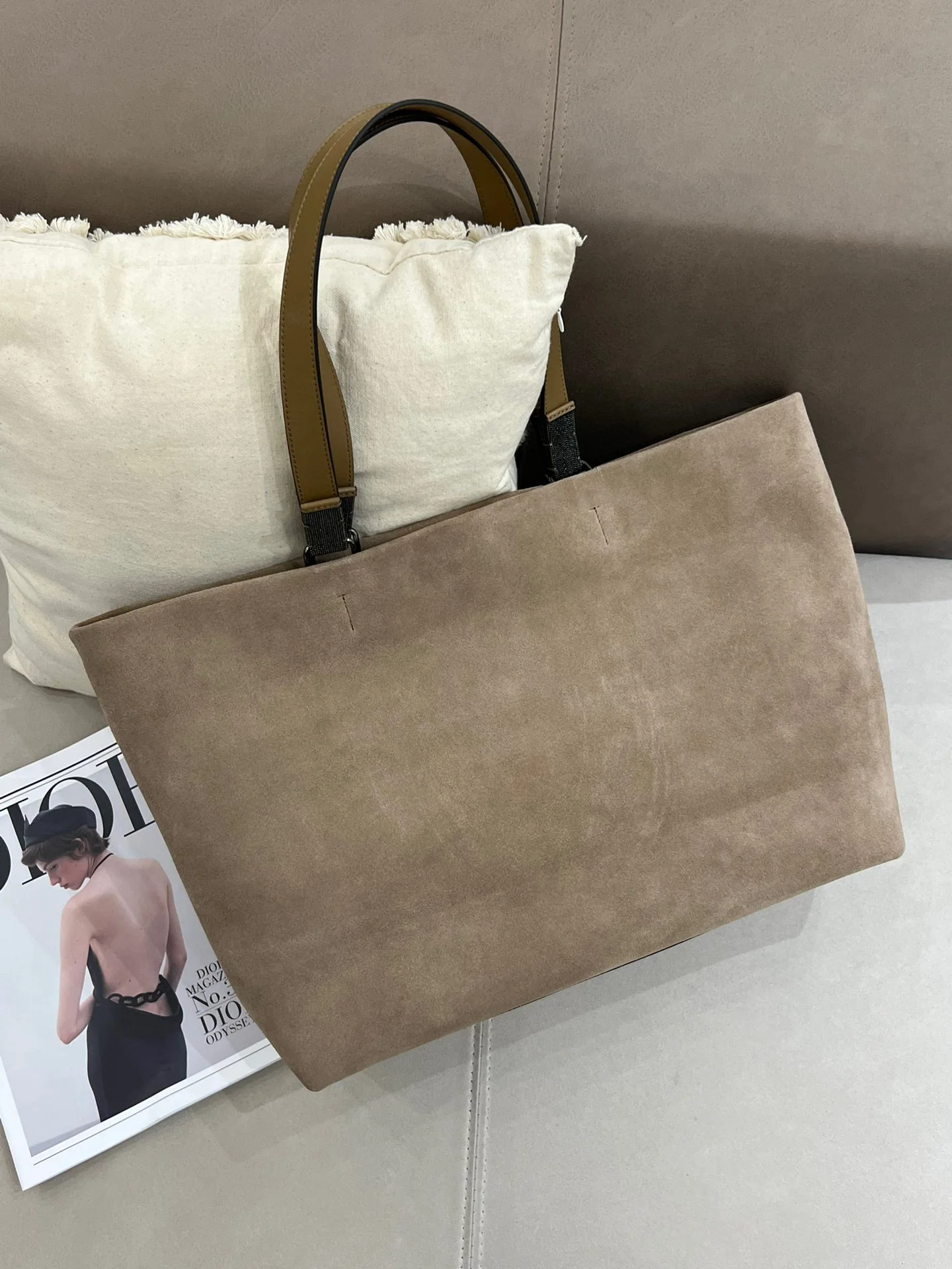 Genuine Suede Leather Beads Embellished Casual Tote Bag