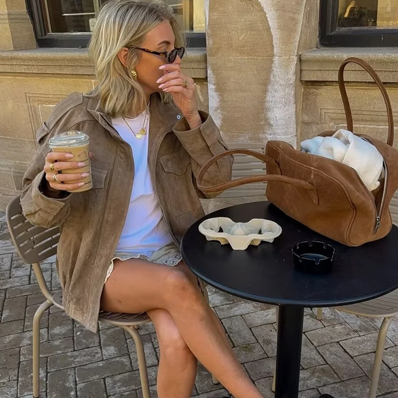 2025 Women Winter Bomber Jackets Vintage Suede Thick Pockets Jacket Streetwear Leisure Pocket Zipper New Oversized Jackets