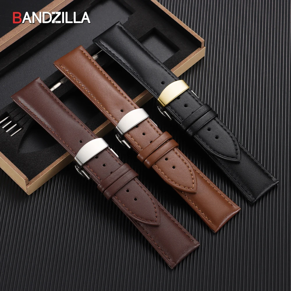 Elegant Genuine Leather Watchband with Butterfly Buckle - Includes Premium Wooden Box