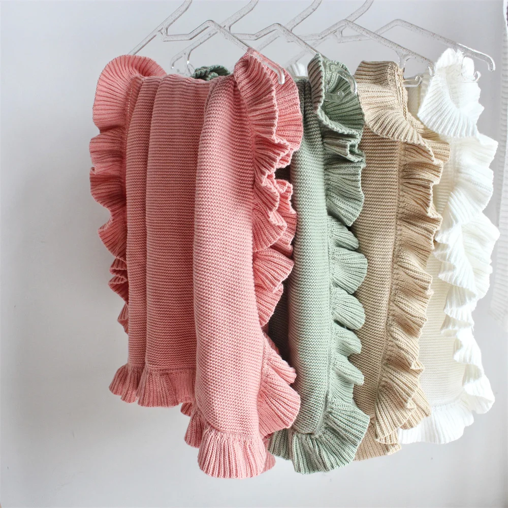 CottonKnittedBabyBlanketsNewbornSwaddleWrapRuffleBlankets