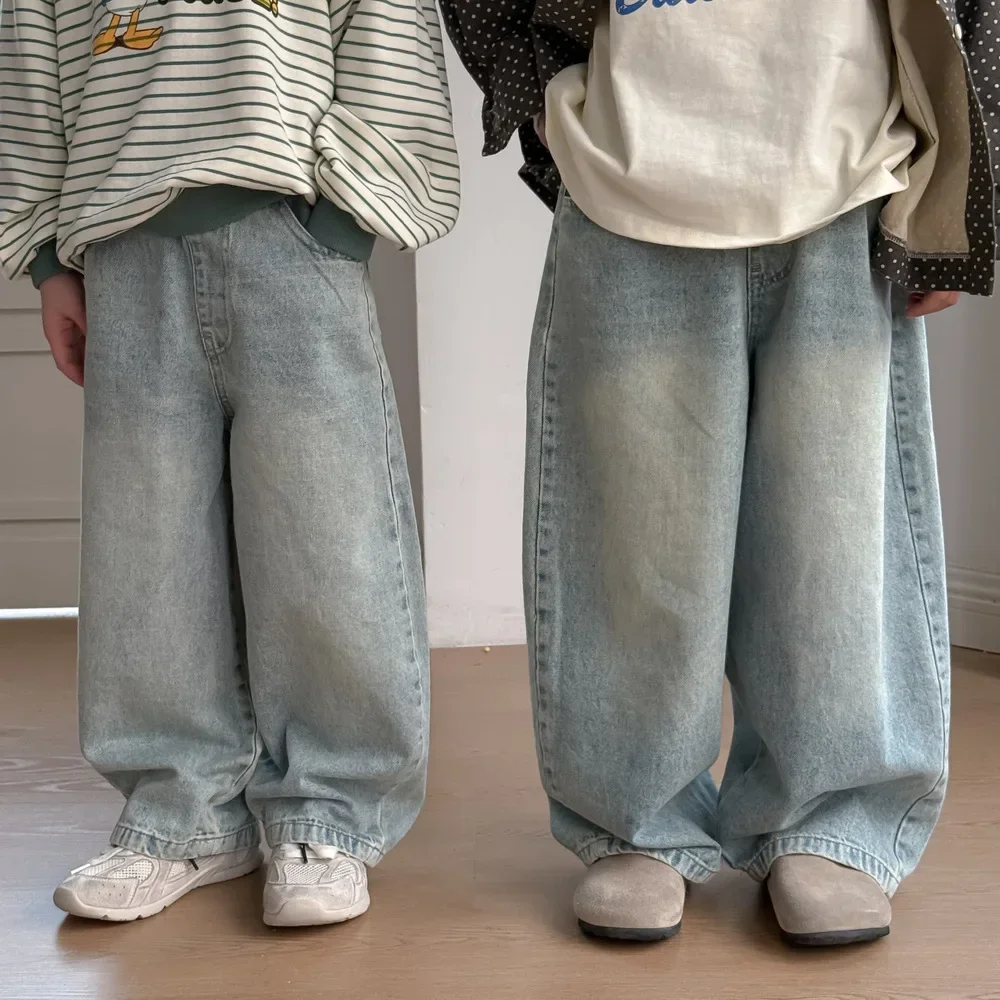 Children Clothes Kids Loose Pants Spring Boys and Girls Korean Style Solid Color Loose Casual Denim Straight Leg Pants