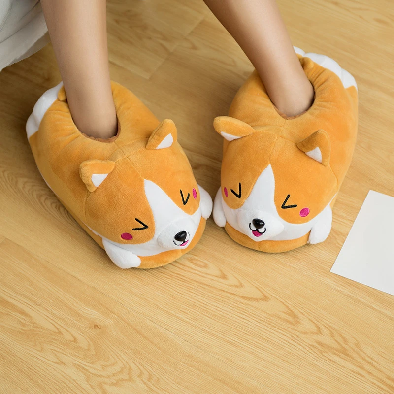 

Lovely Corgi Dog Slippers Cartoon Cute Double Shiba Inu Warm Plush Slippers Home Slip Cotton Pad Shoes One Size Women Shoes