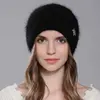 CNTANG Hat For Women Winter Warm Fashion With Diamond Flower Beanies Knitted Angora Long Rabbit Fur Hats Double Layer Ladies Cap 2