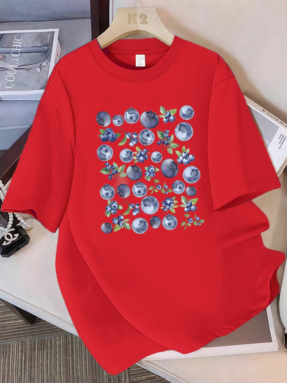 Sommer-T-Shirts aus 100 % Baumwolle für Damen, frische Blaubeerfrüchte, bedruckt, Oberteile, weiches, lockeres T-Shirt mit O-Ausschnitt, Urlaub, lässige Damenkleidung – Detail 15