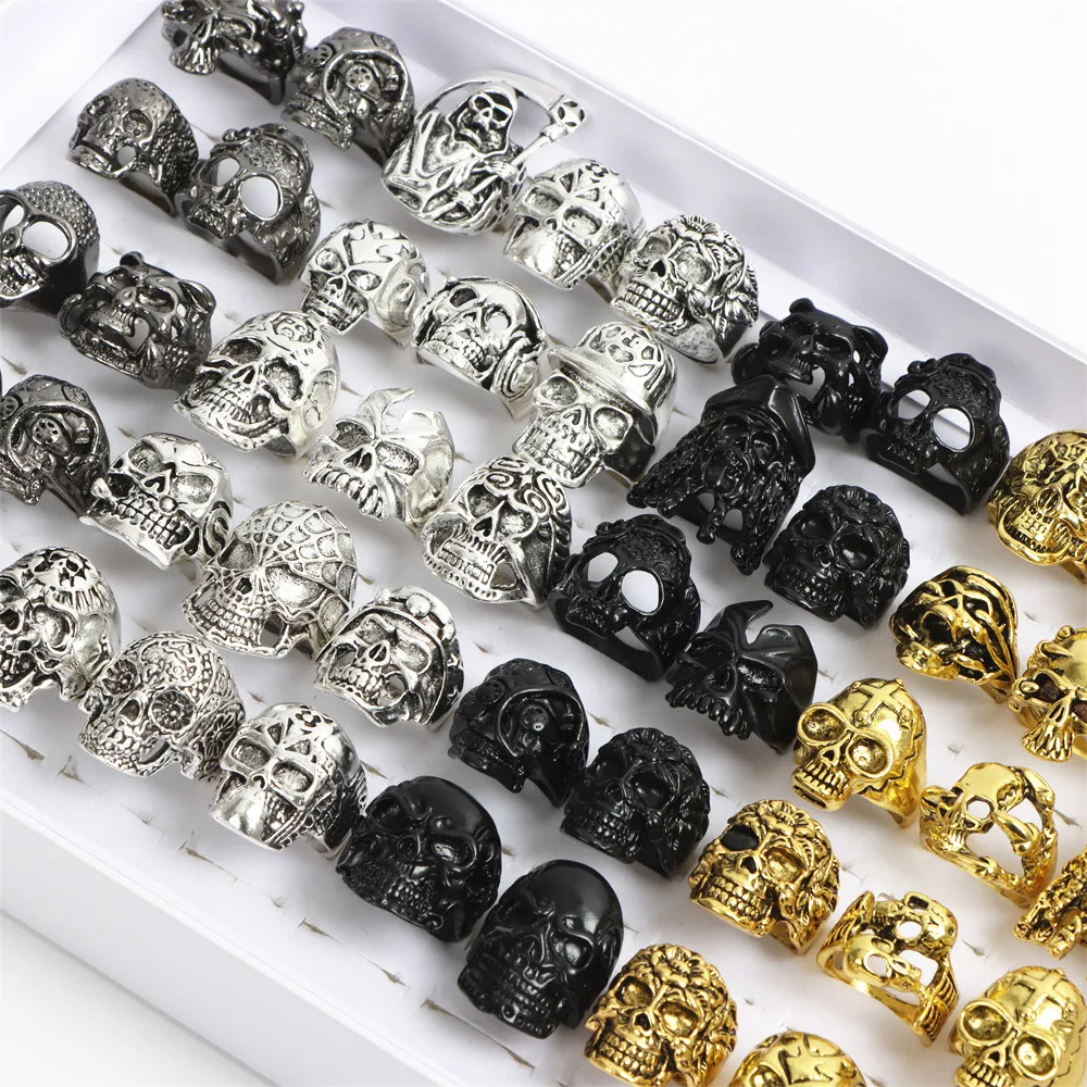 

50Pcs/Lot Wholesale Vintage Mens Skull Death Gothic Biker Rocker Punk Rings Mix Style Metal Jewelry Accessories For Man Gifts