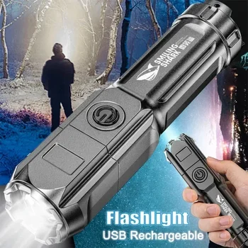 휴대용 USB 충전식 손전등, 강력한 LED 야간 조명, 줌 하이라이트 토치, 야외 캠핑 야간 낚시 조명 도구