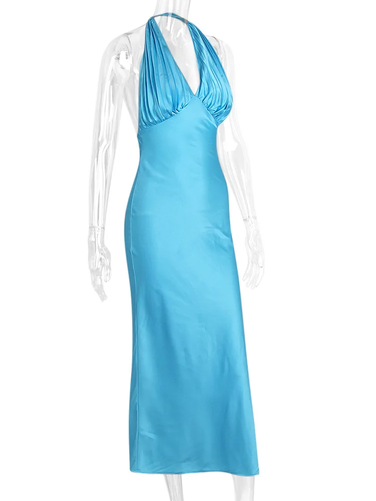 Halter sem Mangas com Decote em v Passo sem Costas Vestidos de Cocktail Vestido de Cetim Moda Sexy Temperamento Cintura Alta um Feminino Magro 15 mangas com decote em v um passo