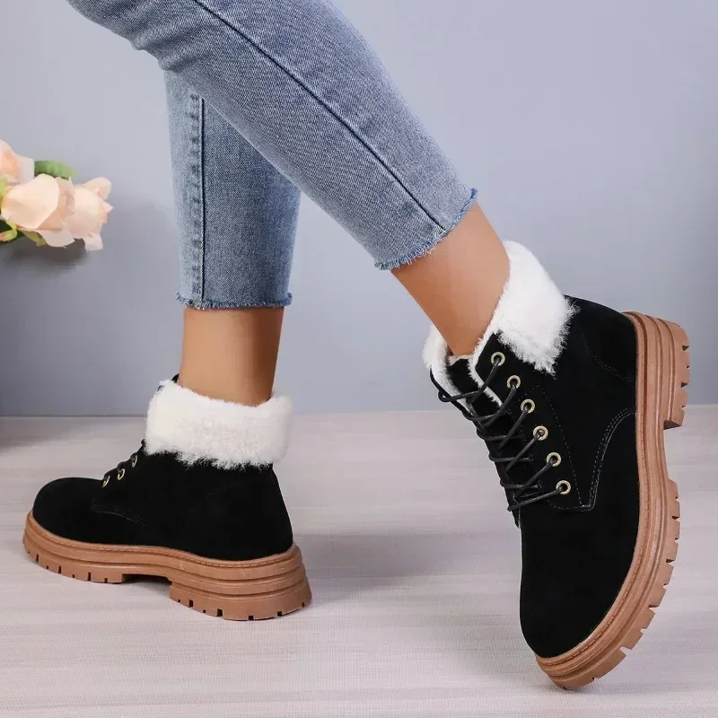 2023 New High Quality Shoes Female Lace Up Women's Boots Winter Round Toe Flock Plush Warm Mid Heel Casual Naked Boots Shoes