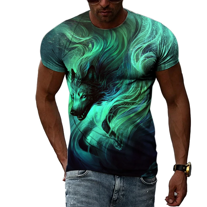 

Flame Wolf Summer Fashion Personality Men's T-Shirt 3D Animal Print Short Sleeve Trend Street Tough Guy O-neck Quality Top 6XL