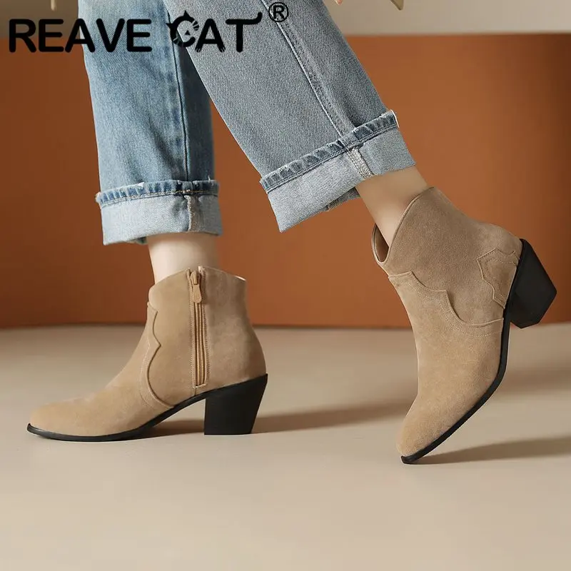 

ASILETO Female Ankle Boots Flock Suede Pointed Toe Block Heels 6cm Zipper Large Size 45 46 47 48 Leisure Daily Western Booties