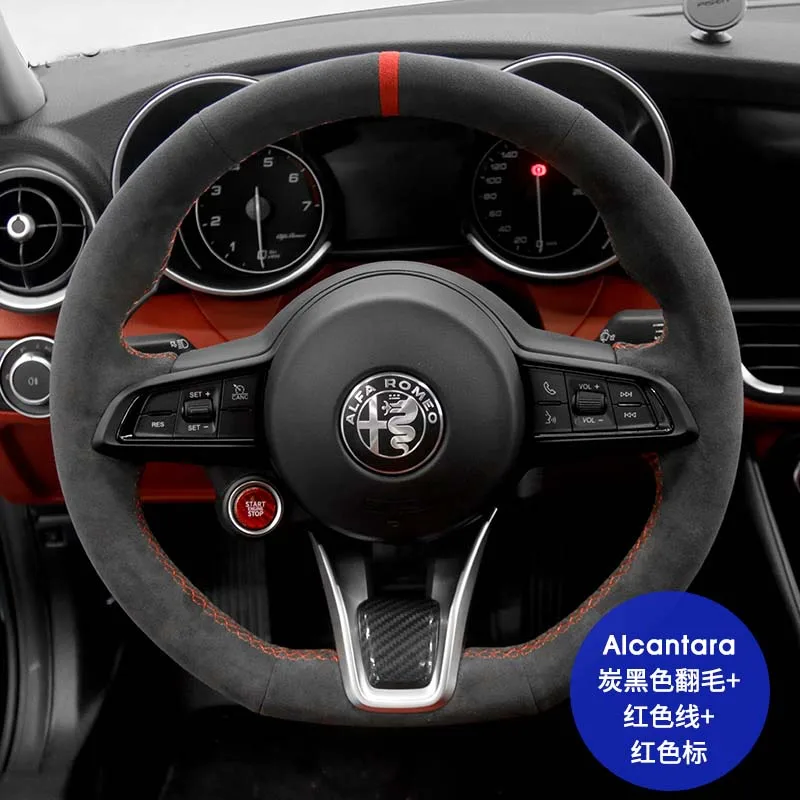 For Alfa Romeo Giulia Stelvio 2017-22 Diy Hand Stitched Car Steering Wheel Cover Suede Leather Interior