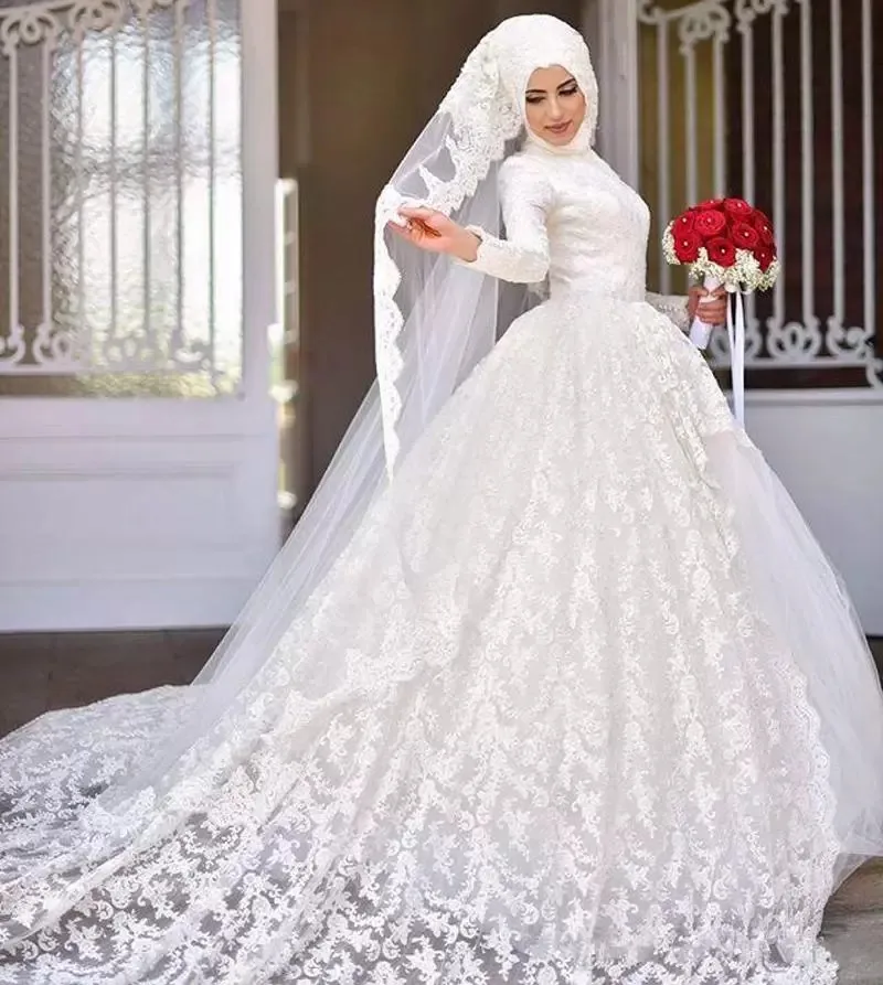 

Muslim Long Sleeves Lace Ball Gown Wedding Dresses 2023 with Appliques Court Train High Neck Bridal Gowns Vestidos De Novia 2022