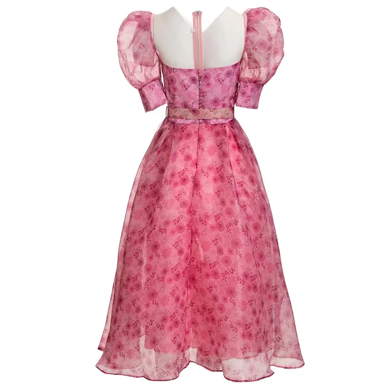 

New Fashion Runway Summer Women's Puff Sleeve Pink Flower Print Sashes Elegant Holiday Party Dresses