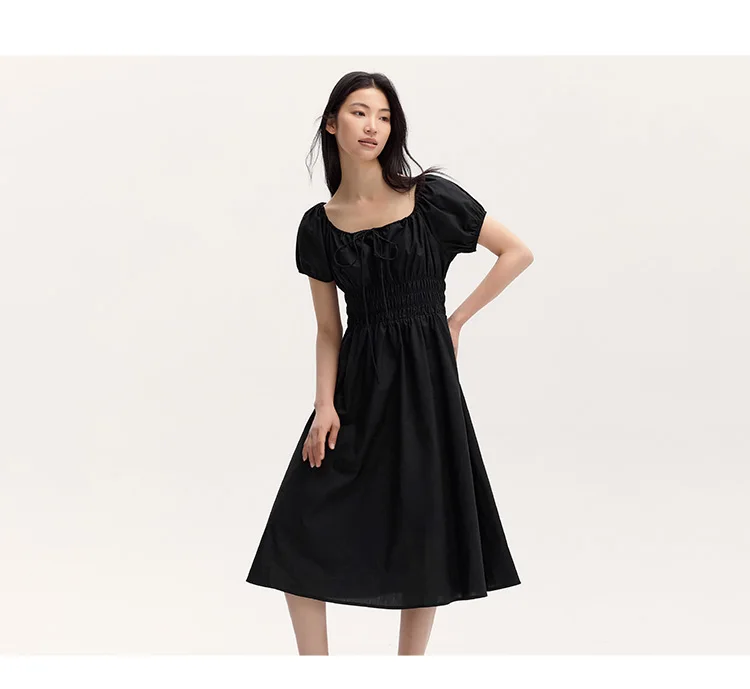 Dress Women Gentle And Elegant Summer New French-Style Square Collar Waist Cinched Mid-Length Fresh
