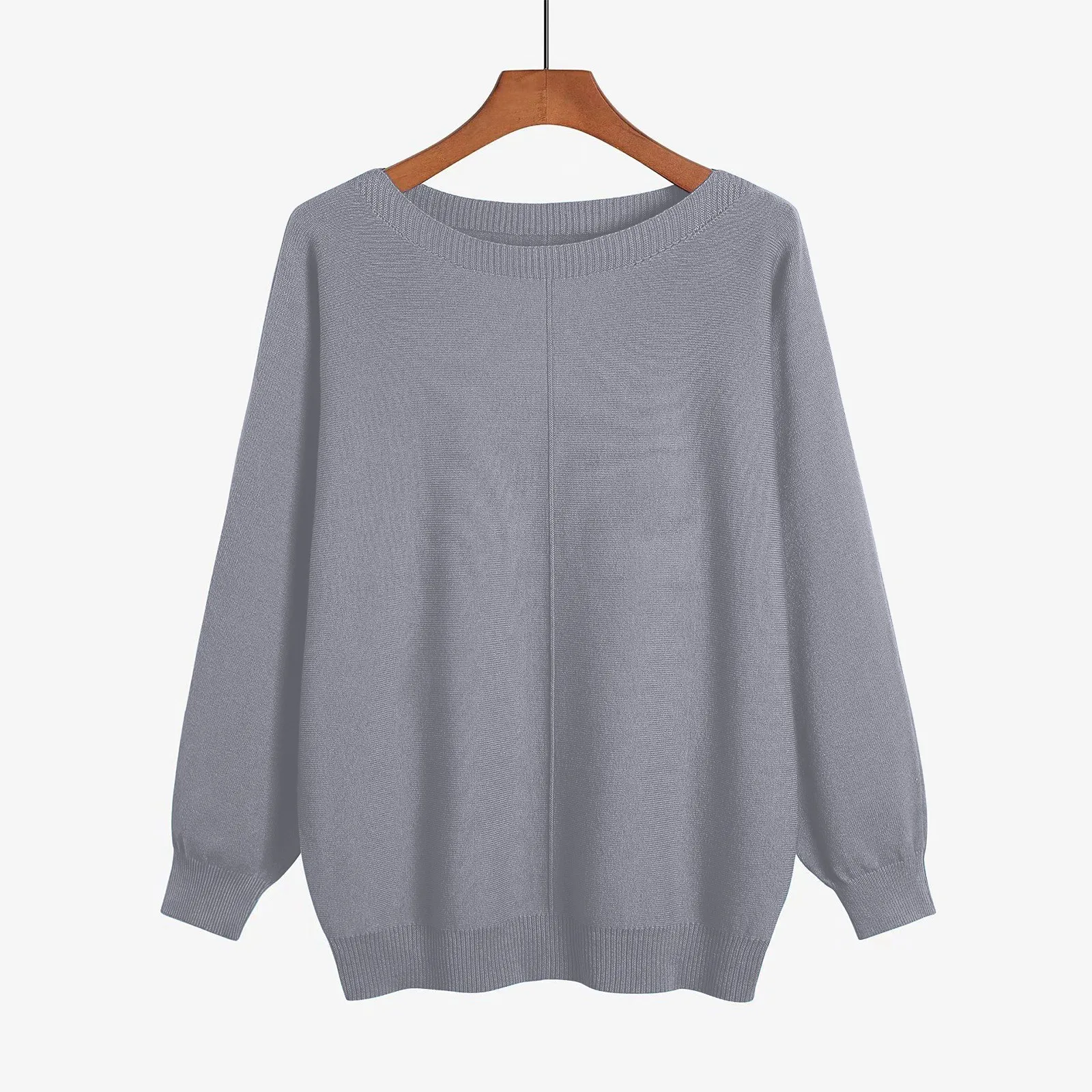 thumbnail image 1 of Suéter de punto de gran tamaño con cuello barco y mangas de murciélago para mujer para otoño y suéteres de mujer pequeños Suéter Fireside Sudadera con capucha de color sólido, 1 of 4