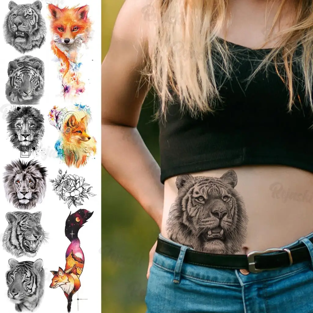 

Large Tiger Temporary Tattoos For Women Men Realistic Cross Lion Watercolor Fox Fake Tattoo Sticker Sexy Waist Arm Tatoos 3D