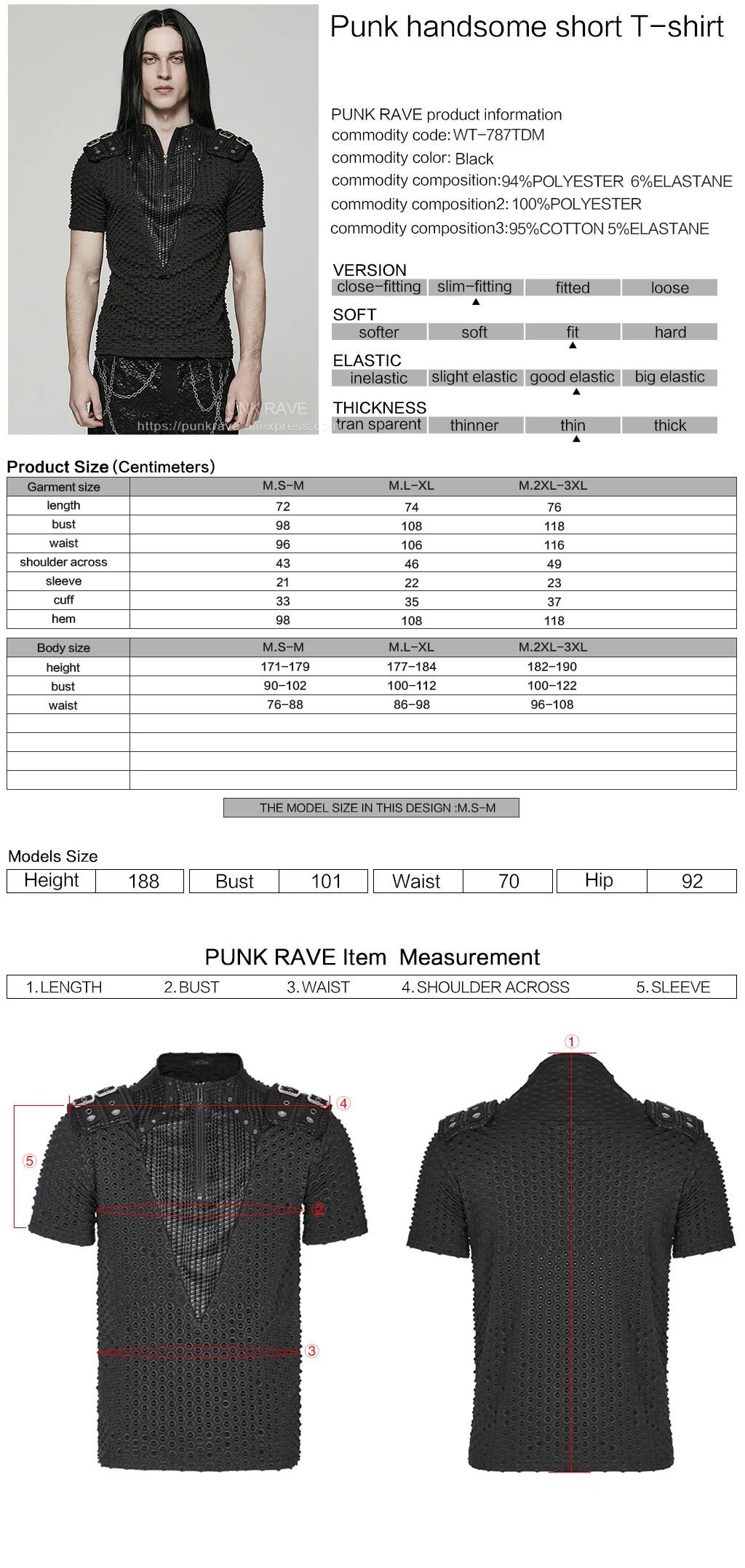 PUNK RAVE Men's Punk Tattered Knit Handsome Short Sleeve T