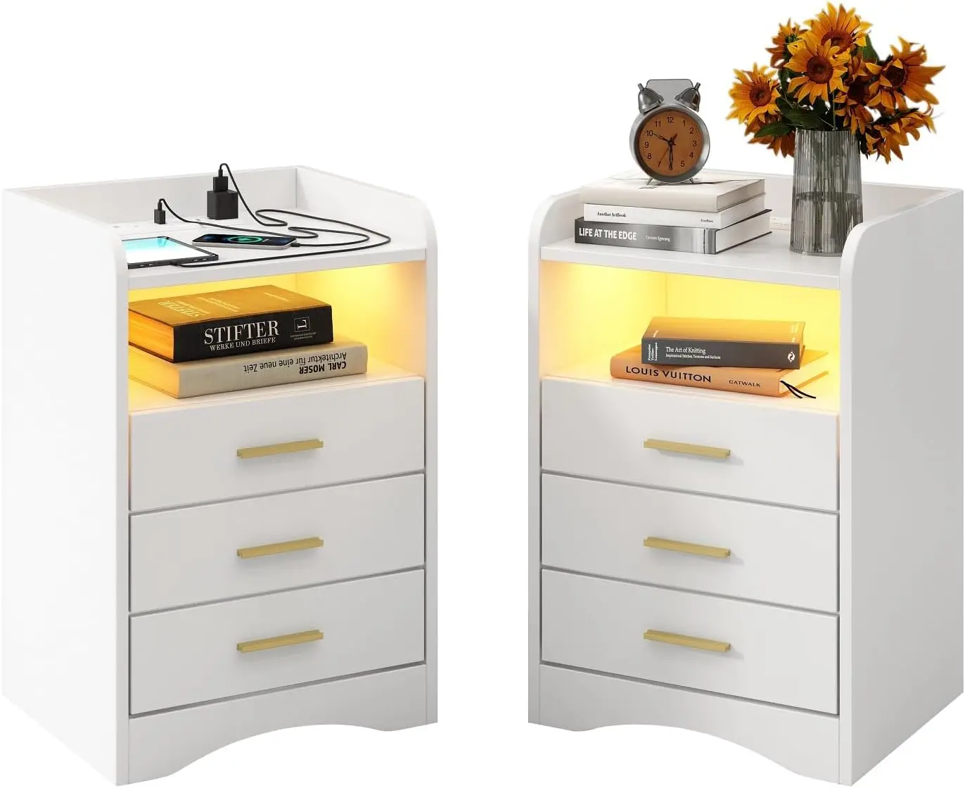 -Functional White Nightstand Set of 2 with Charging Station and LED Lighting, 3 Drawers and 2 Open Shelves, Suitable for Be