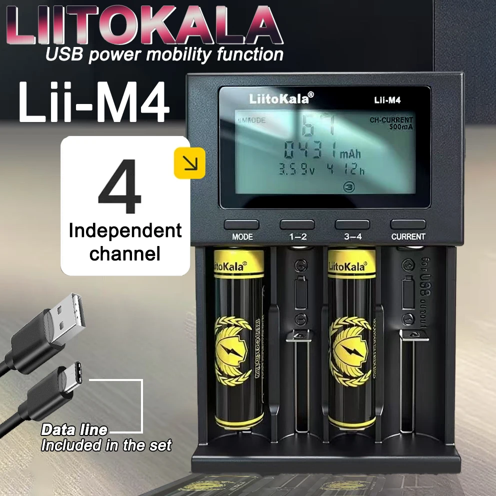 Battery Charger Adapter LiitoKala Lii-M4 4-Slot Charger with LCD Capacity Test 21700/18650/26650 Charge 1.2V AA/AAA USB Output Slot 4 CE/FCC/RoHS