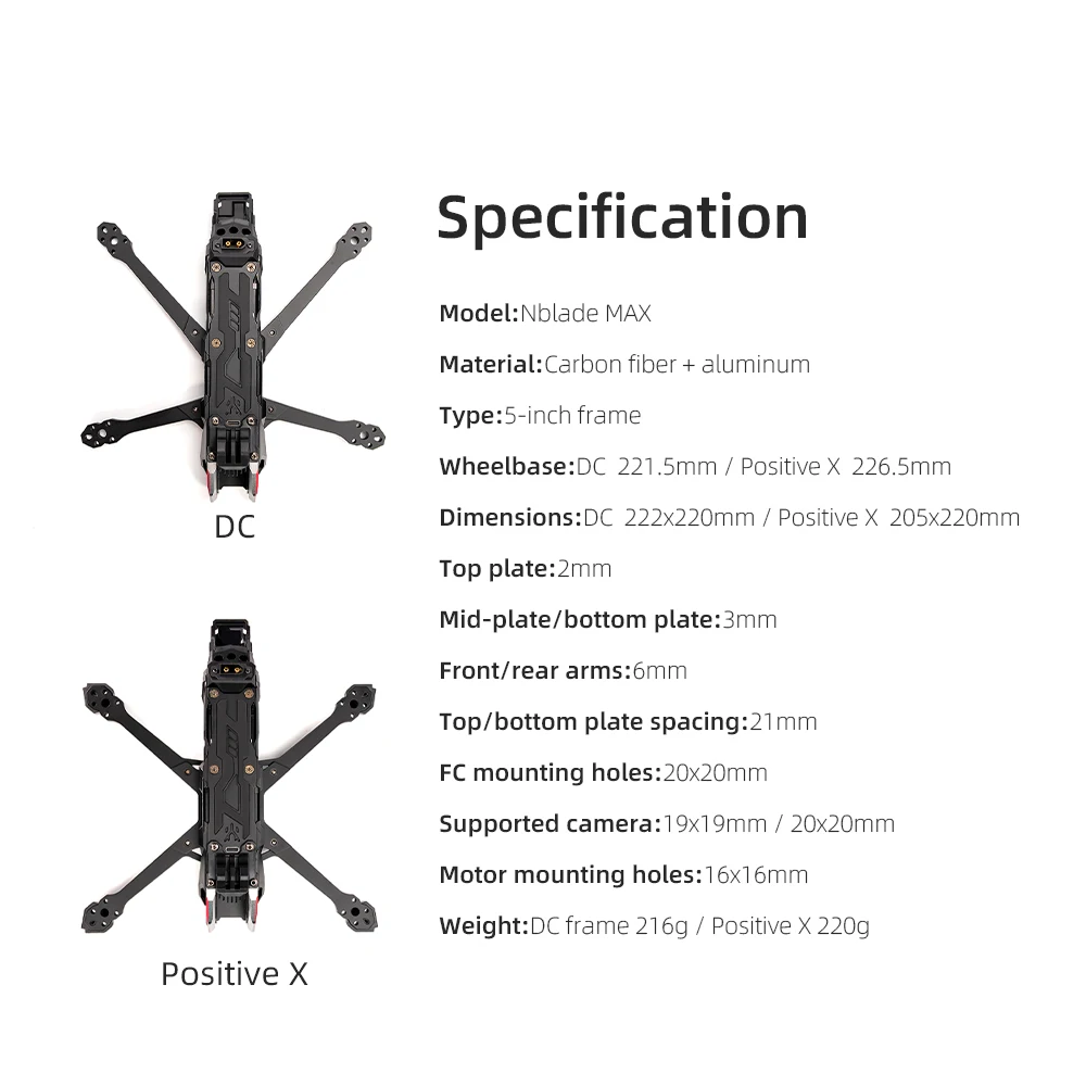 Nblade MAX Drone-Racing-Chassis 5 Zoll DC/Ture X Frame LED RGB