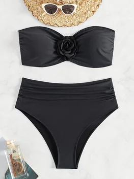 XS - XL 3D Flower Bandeau Bikinis Female Swimsuit High Waist Bikini Women Swimwear Two-pieces Bikini Set Bathing Suit Swim Lady 1