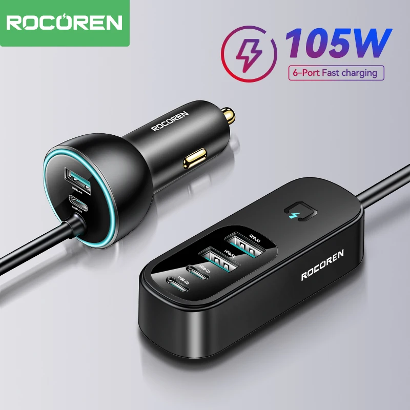 Rocoren-cargador de coche con 6 puertos múltiples, adaptador de corriente de carga rápida USB tipo C para asiento trasero de iPhone 15 Pro, 105W