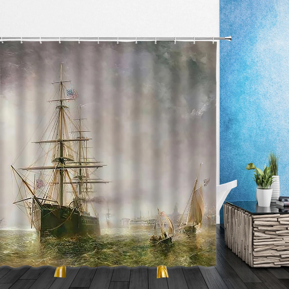 

Vintage Nautical Shower Curtain Ocean Sailboat Sailing Cloudy Seascape Bathroom Decor Waterproof Fabric with Hooks Bath Screen