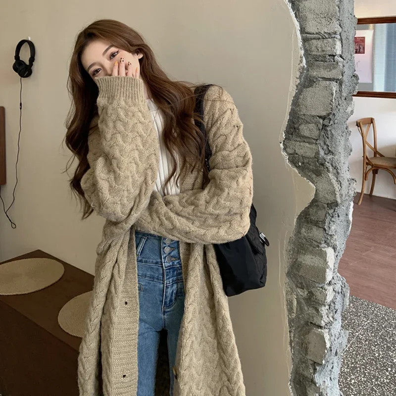 

2024 Spring New Medium Length Loose Sweater for Women Korean Lazy Style Oversized Cardigan Casual All Match Long Sweater Coat