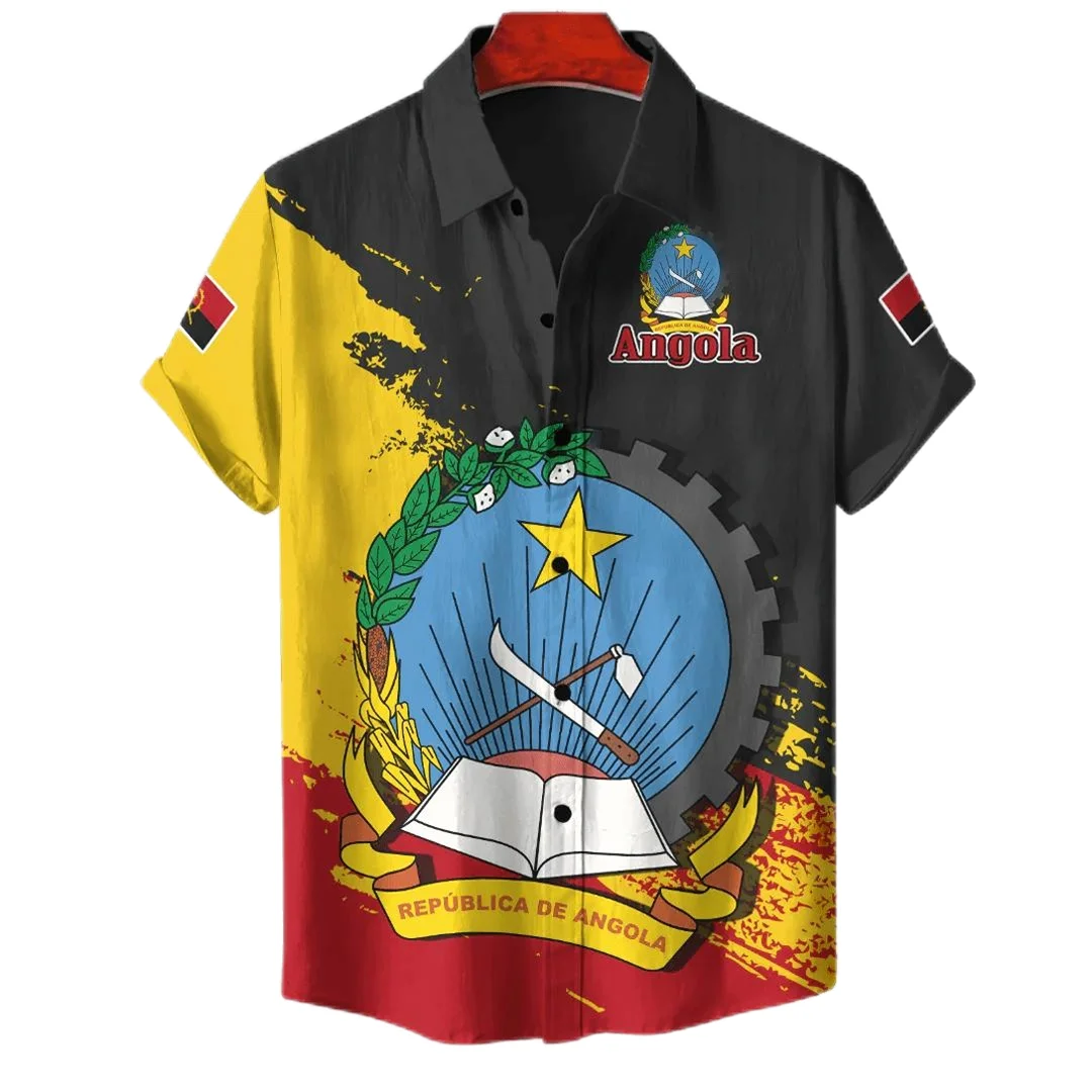 

Angola Flag Map Short Sleeve Shirts For Men Clothes National Emblem Kids Blouses Dashiki Festival Gift Top Hawaiian Sport Jersey