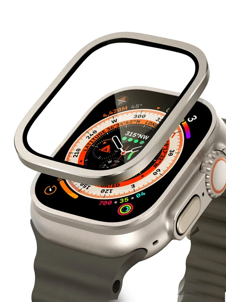 Titanium Tempered Glass Screen Protector with Metal Frame for Apple Watch 49mm - Anti-Scratch Premium Accessory