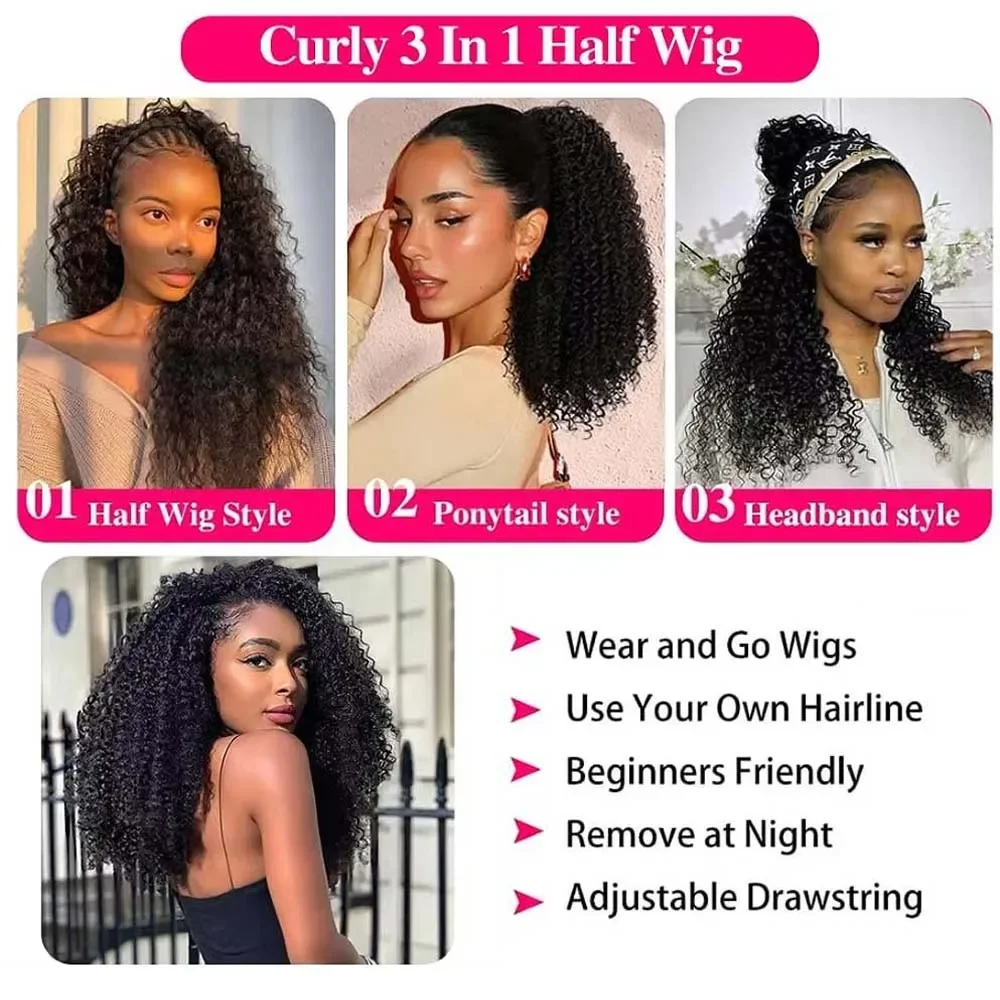 Mise à niveau 3 en 1 demi-perruque avec cordon de serrage sans couture Clip Ins Flip sur crépus bouclés perruque 200% densité bouclés demi-perruques pour les femmes cheveux