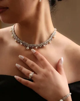 2023 New Cubic zirconia Pearl Necklace Earrings Set of 4 Women's Wedding Party All Zircon Dubai Bridal Jewelry Set Gift 1