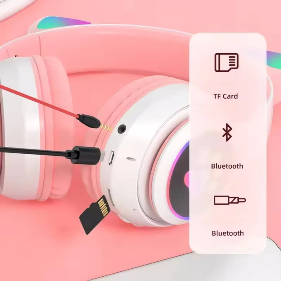Flash Lamp Cue Ca Ears Headphone Blueooh5.0 Sereo Wih Mic Suppor TF Card Wireless Kids Girl Earphone Birhday_voghion.com