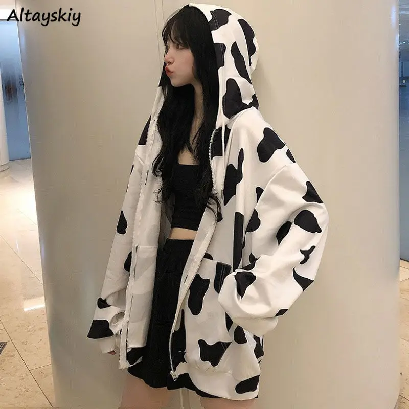 

With Hat Hoodies Women Kawaii Students Ins Kpop Cows Sweet Young All-match Loose Japanese Style Street Wear Design Stylish Mujer