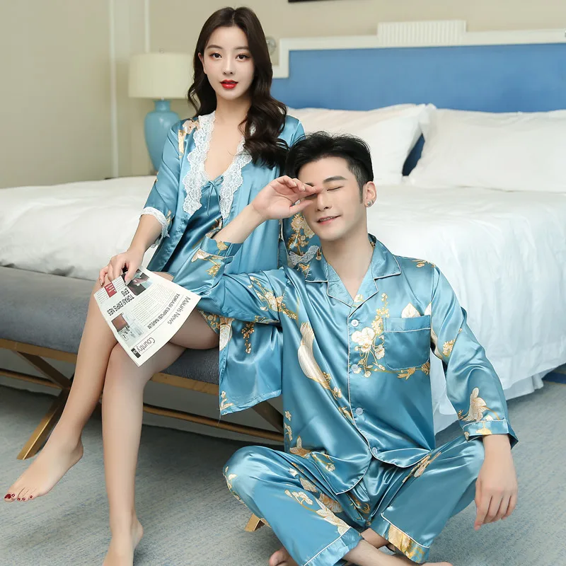 2024 new couple ice silk pajamas spring long-sleeved men's trousers silk pajamas women's bathrobes suspenders home clothes