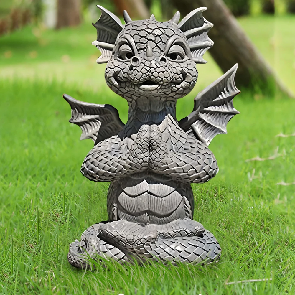 Garden Dragon Statue Happy Dinosaur Cheering You Resin Figurine Outdoor Spring Decorations Meditation Dragon Figurine with Lamp