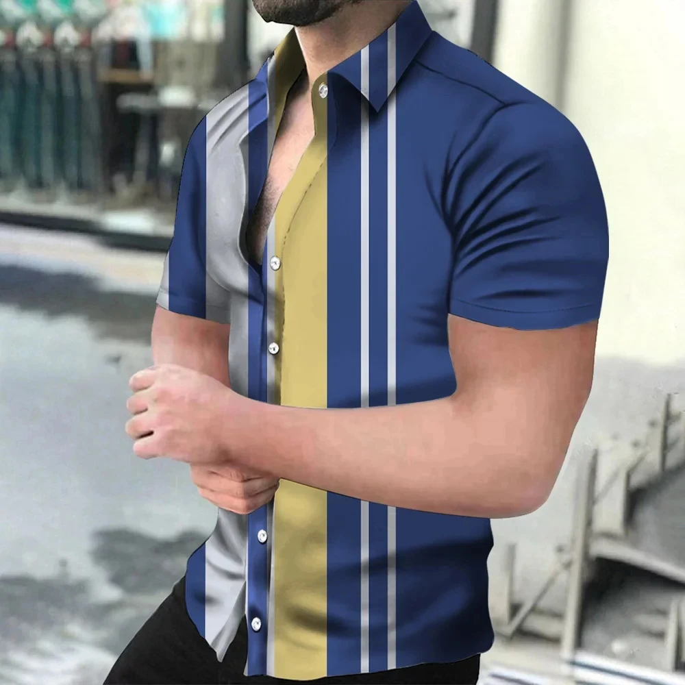 thumbnail image 1 of Camisa de manga corta con cuello abatible y botones para hombre, informal, cómoda, transpirable, con estampado 3D de rayas de playa para vacaciones, 1 of 5