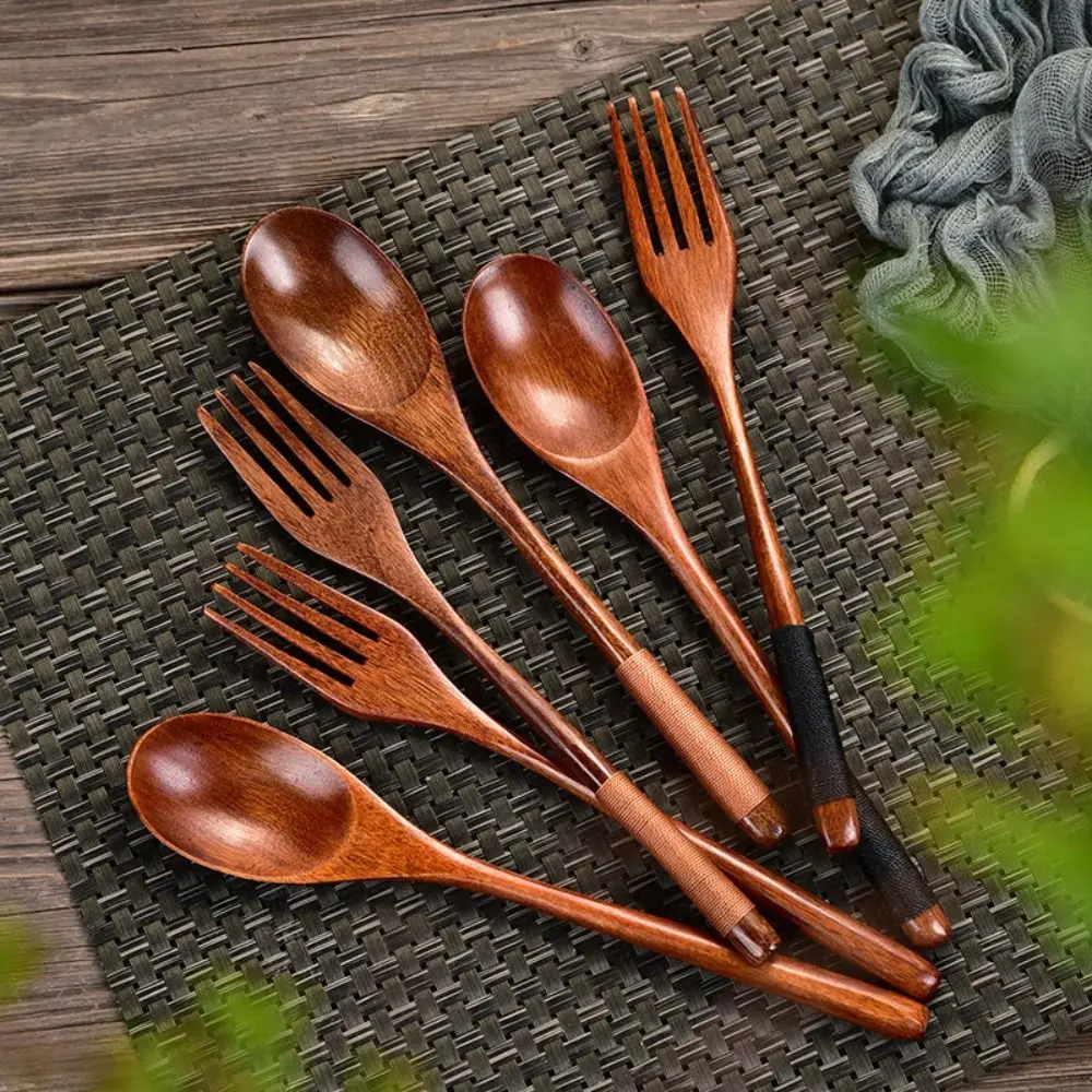 Natural Wooden Spoon Wooden Fork Rice Soups Spoon Utensil Cereal Fork Dinnerware Cutlery Cookware Kitchen Accessories