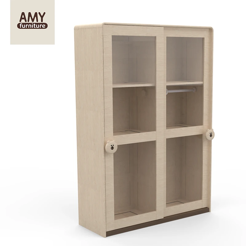 Children's sliding door wardrobe Hard maple solid wood wardrobe transparent display cabinet household simple display cabinet