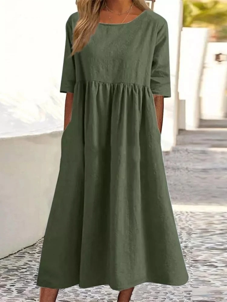 New Fashionable Women's Crew Neck Dress Casual Loose Short-sleeved Solid Color Medium and Long Large Size Skirt