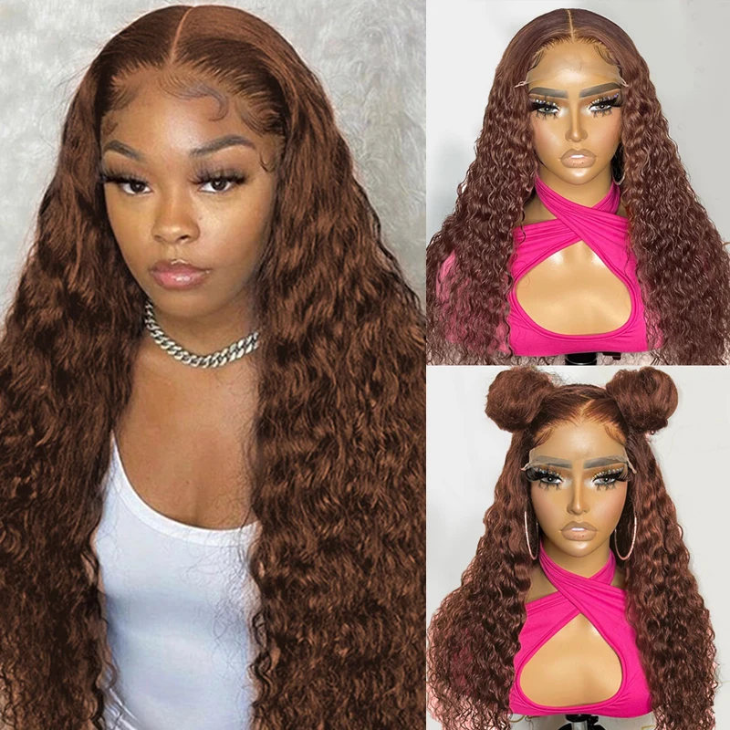 

Brown Color Lace Front Wig Deep Curly Human Hair Wigs Pre Plucked Brazilian Remy Hair 13x4 Lace Front Wigs for Black Women