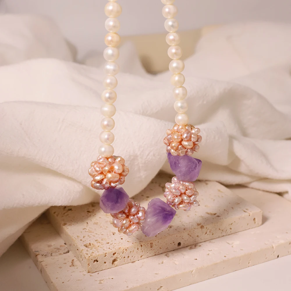 

GLSEEVO Amethyst Flower Ball Decorative Necklace Natural Freshwater Pearl Flower Cluster Necklace Hand Beaded GN0580