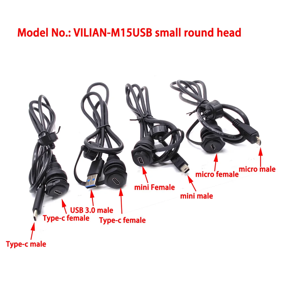 

M15USB 3.0 micro mini Typec Small Round Extension Cable Waterproof AUX Flush Panel Mount Cable For Car Boat Motorcycle Dashboard