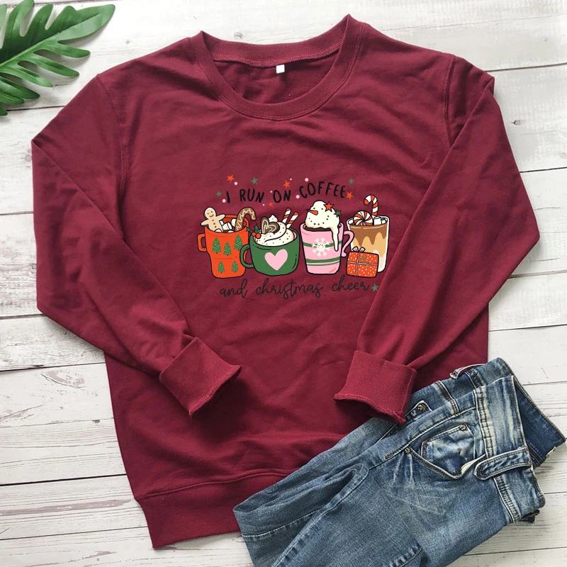

Цветной Свитшот i run on coffee и christmas cheer, винтажный женский джемпер с длинным рукавом, зимние праздничные пуловеры с кофеином