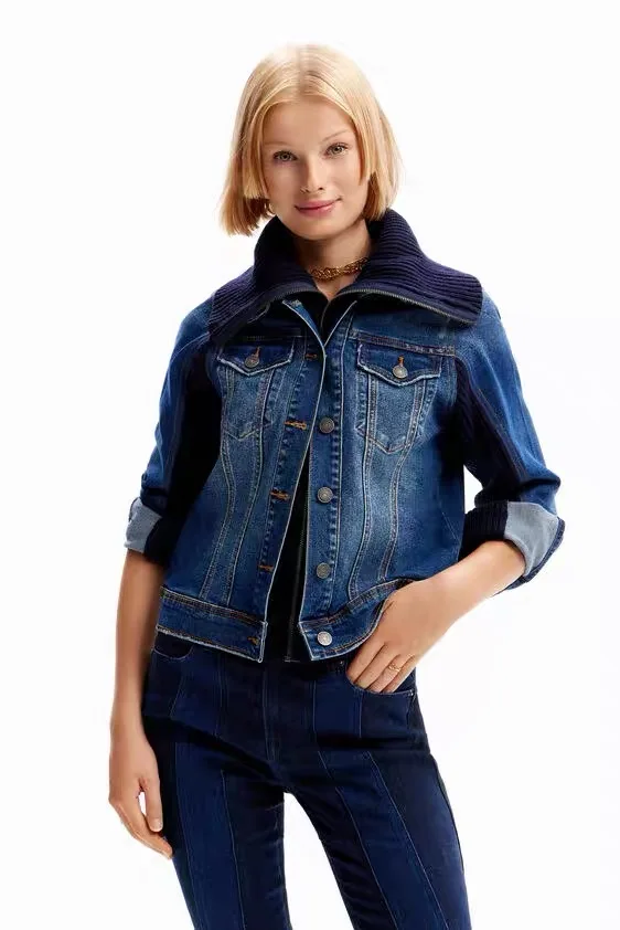 

Foreign Trade Original Order Spain New Women's Coat Denim Splice Fake Two Piece Casual Short Jacket Fashion Personality